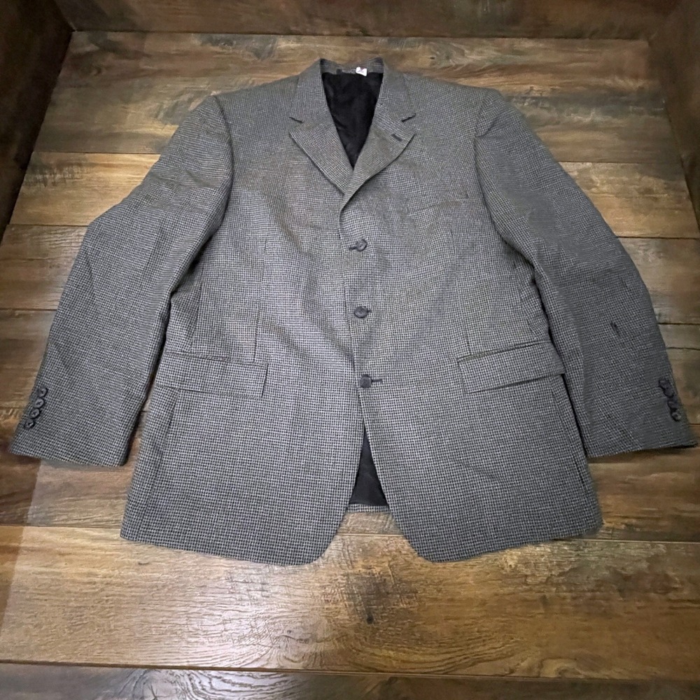 Andrew Fezza Fusion Mens 48R Blazer Grey Houndstooth 100% Wool Sport Coat